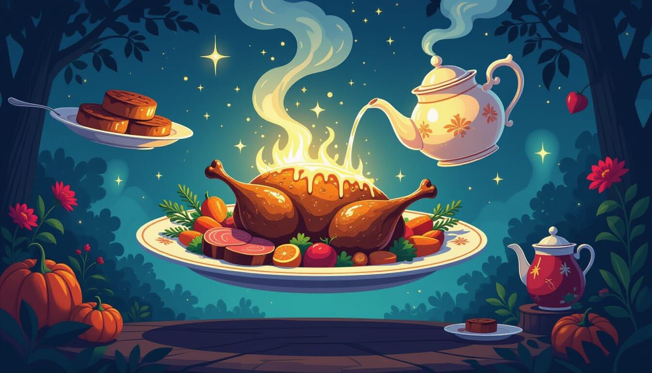 Whimsical Floating Feast in Fantasy Illustration Style