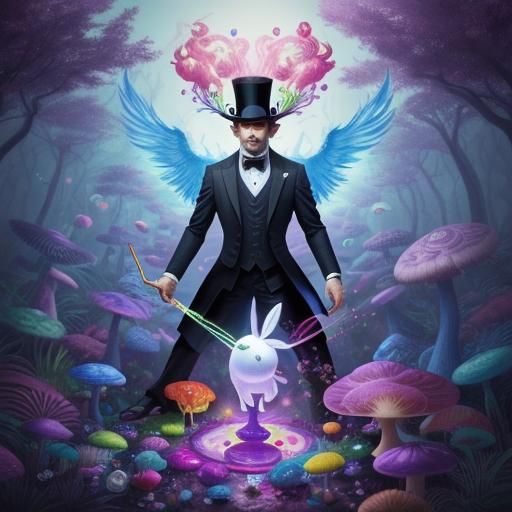 Magician with Rabbit and Phoenix in Candy Forest