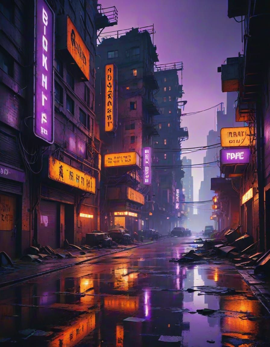 Cyberpunk Dystopian Cityscape with Neon Reflections