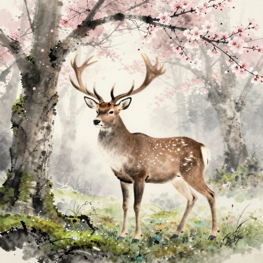 Majestic Stag Amidst Cherry Blossoms in Misty Forest