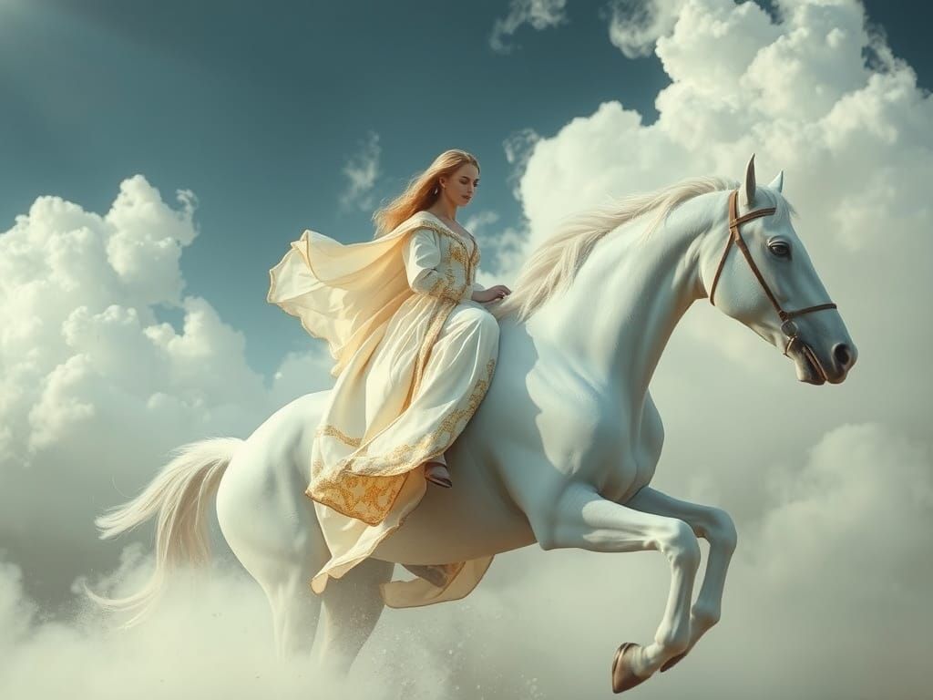 Woman on White Horse in Dreamscape, Ethereal Digital Art