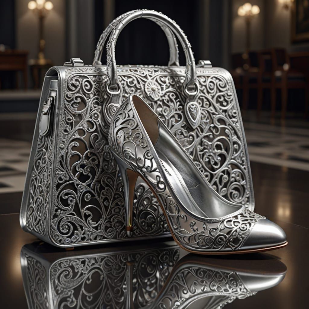 Hyperrealistic Silver Shoe and Bag with Filigree