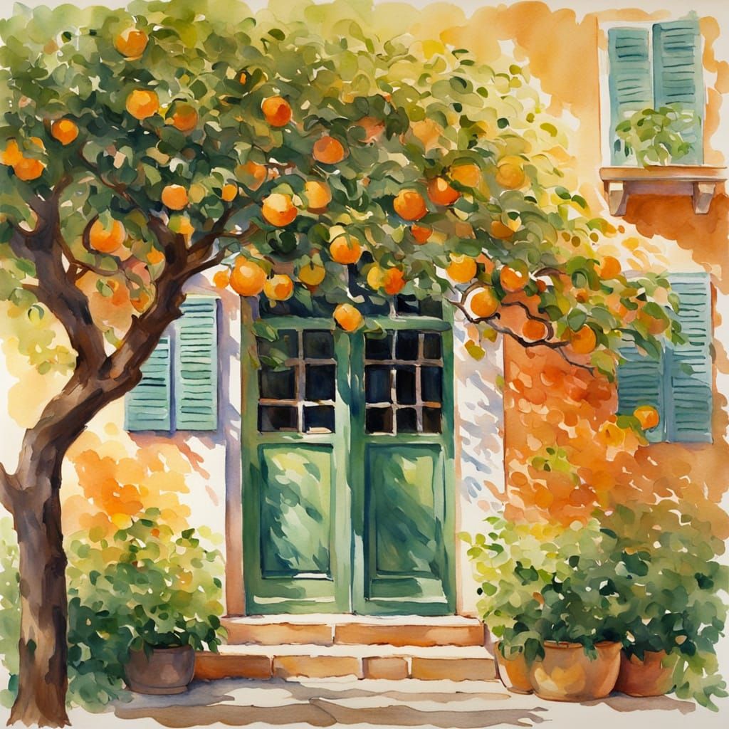 Impressionist Courtyard Orange Tree Watercolour Painting