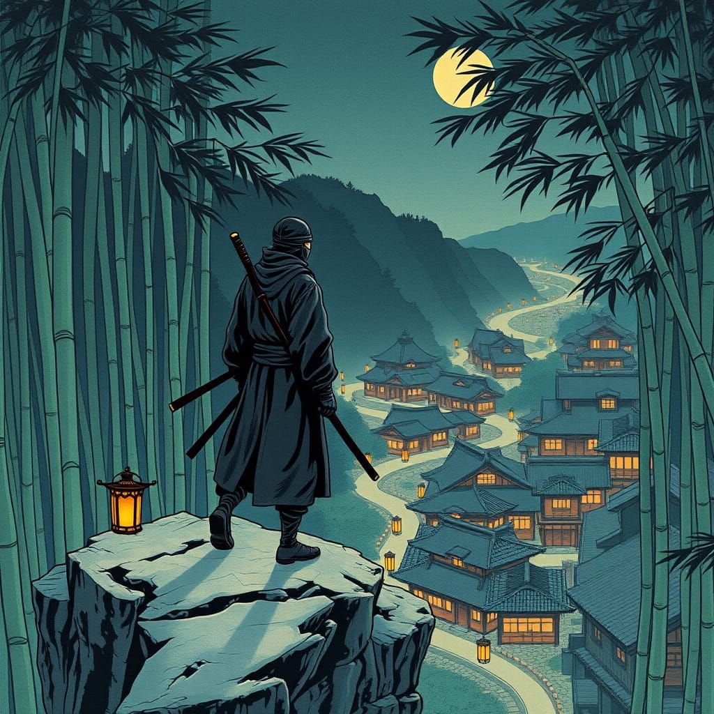 Ninja Overlooking Village in Woodblock Print Style