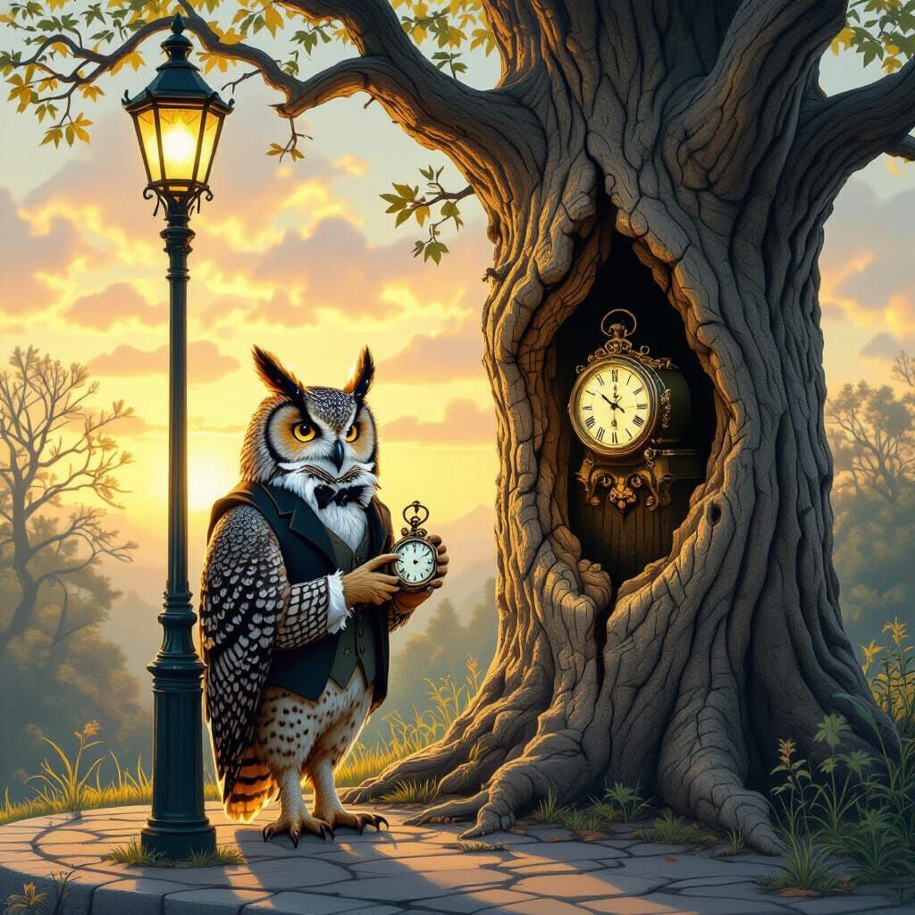 Wise Owl Waits at Magical Tree Bus Stop in Golden Light