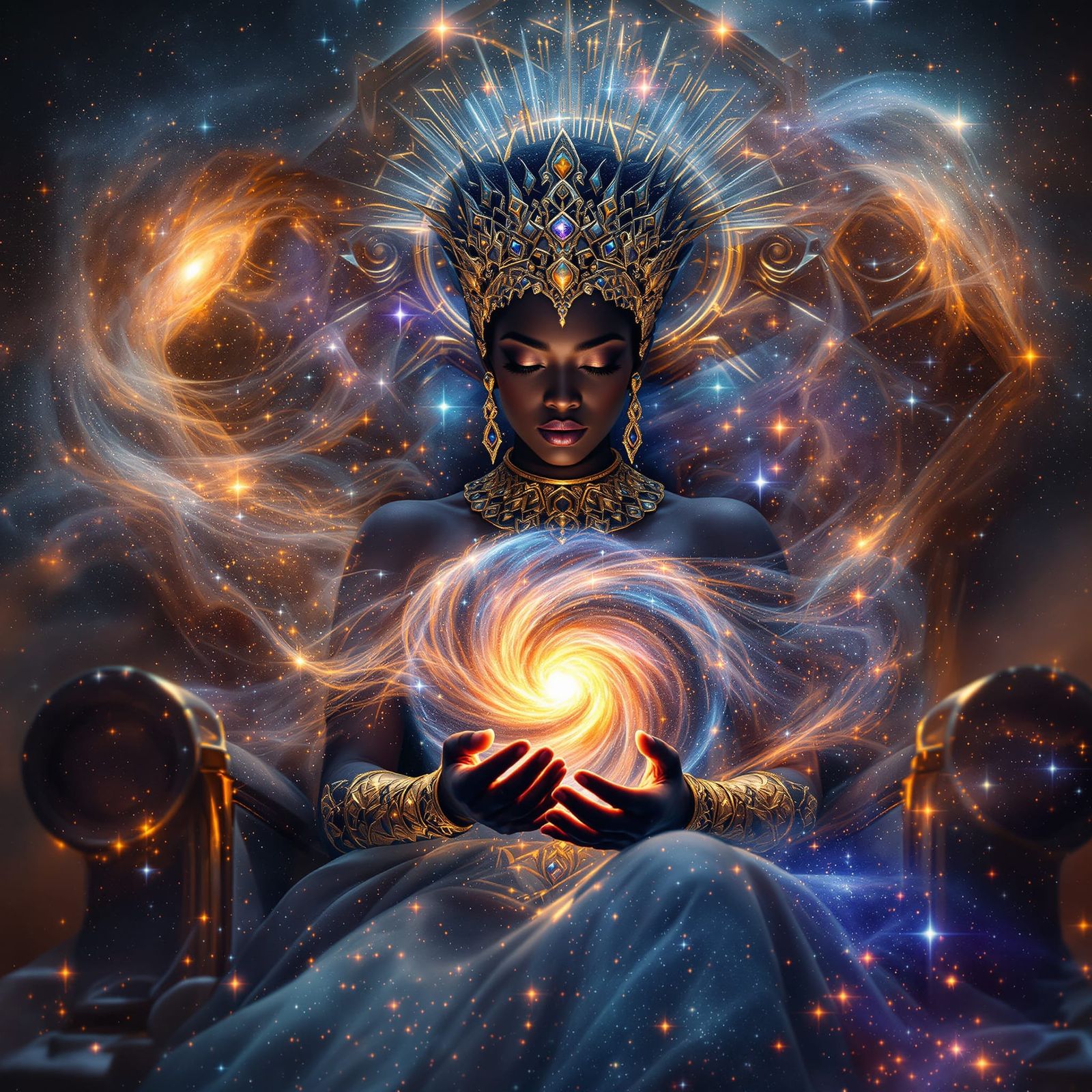 Majestic African Queen in Celestial Armor Holding Galaxy
