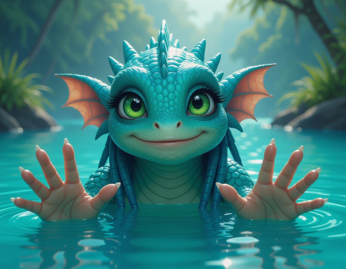 Turquoise Creature in Vibrant Lagoon: Digital Art