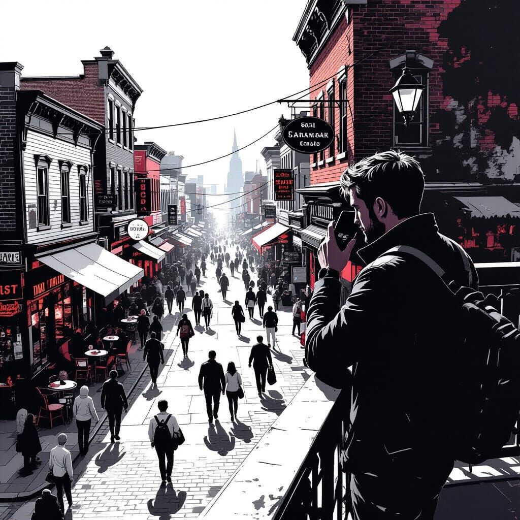 Rooftop Observer Scanning Crowd in Hyperrealistic Street Sce...