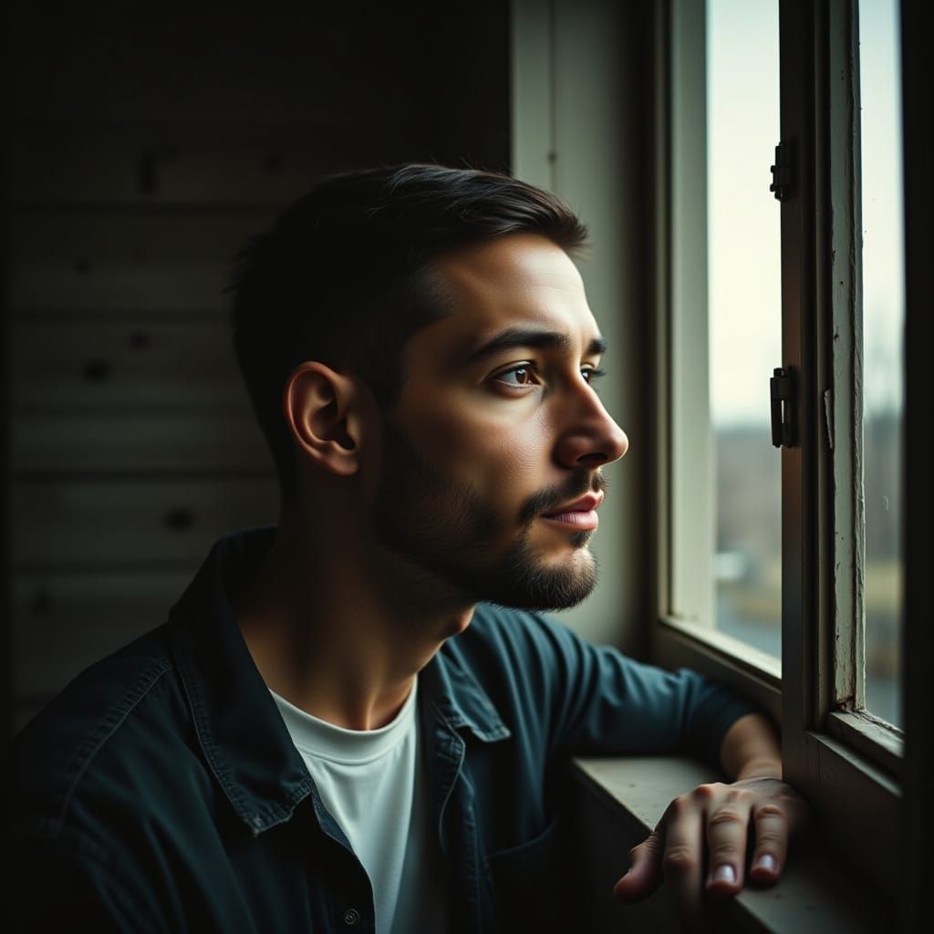 A Pensive Man Lost in Thought by the Window