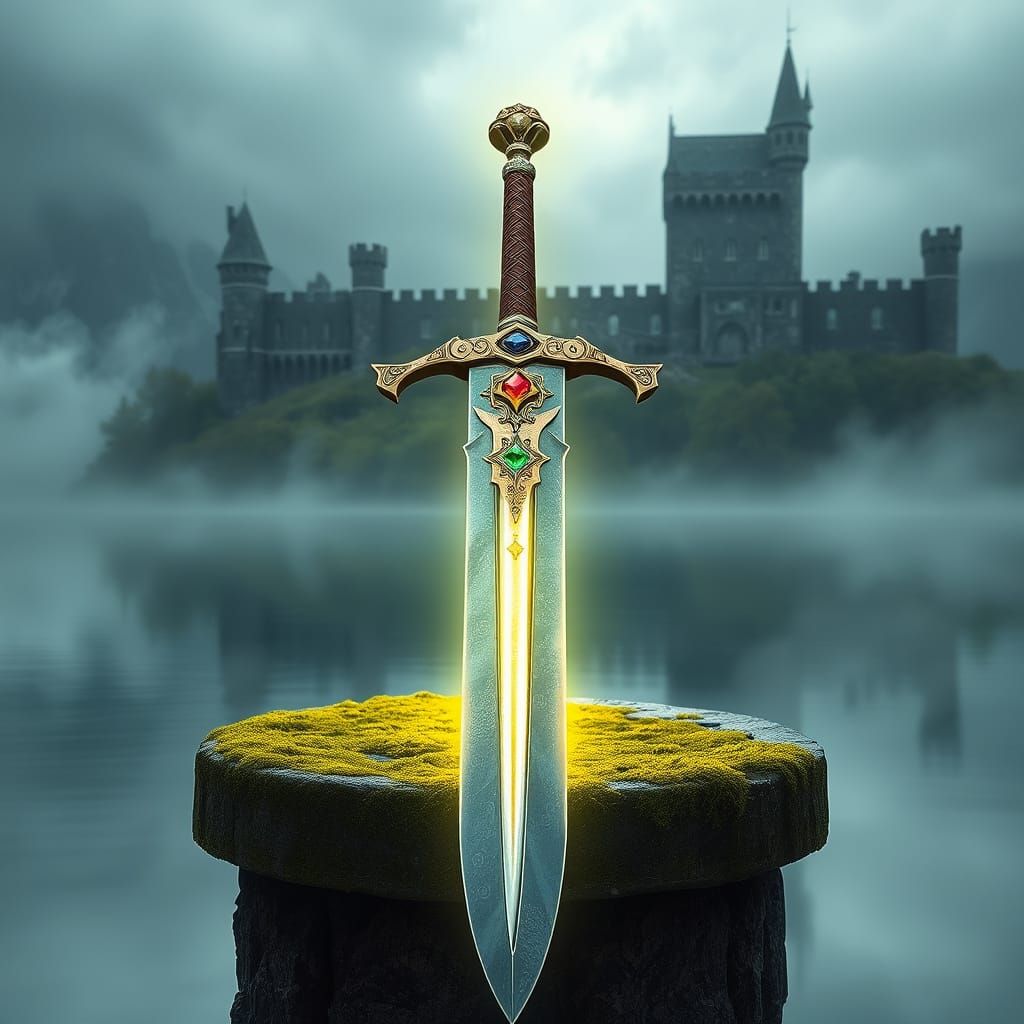 King Arthur's Excalibur, a legendary sword that glows with magical energy.