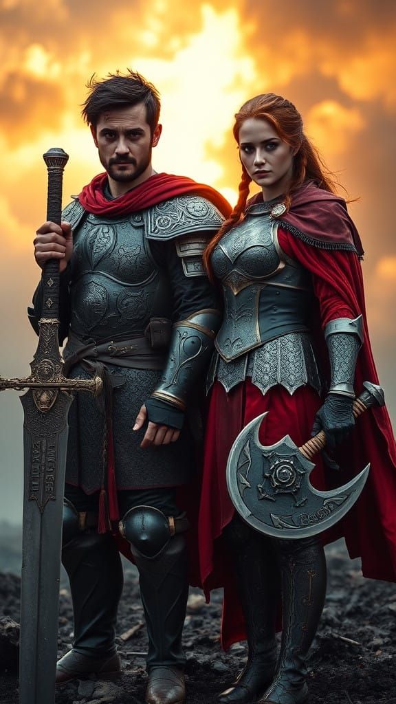 Epic Fantasy Warriors Stand United on Smoldering Battlefield