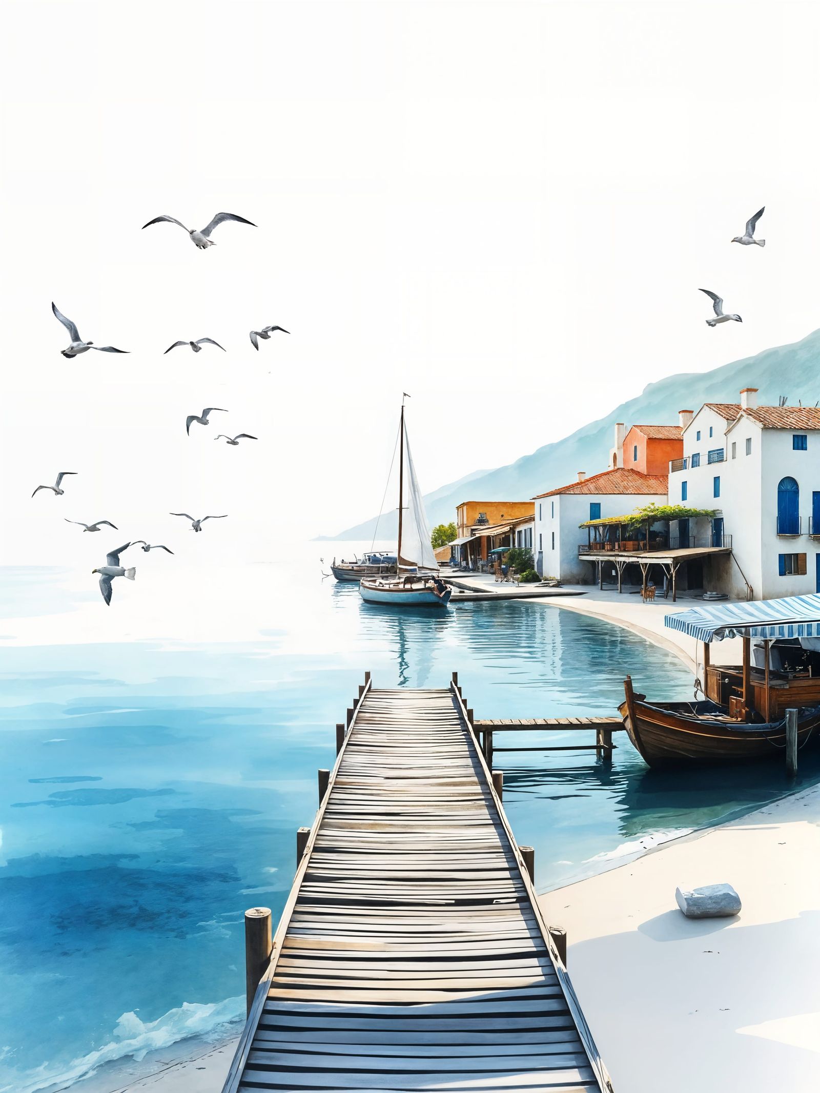 Greek Fishing Village in Watercolor Style