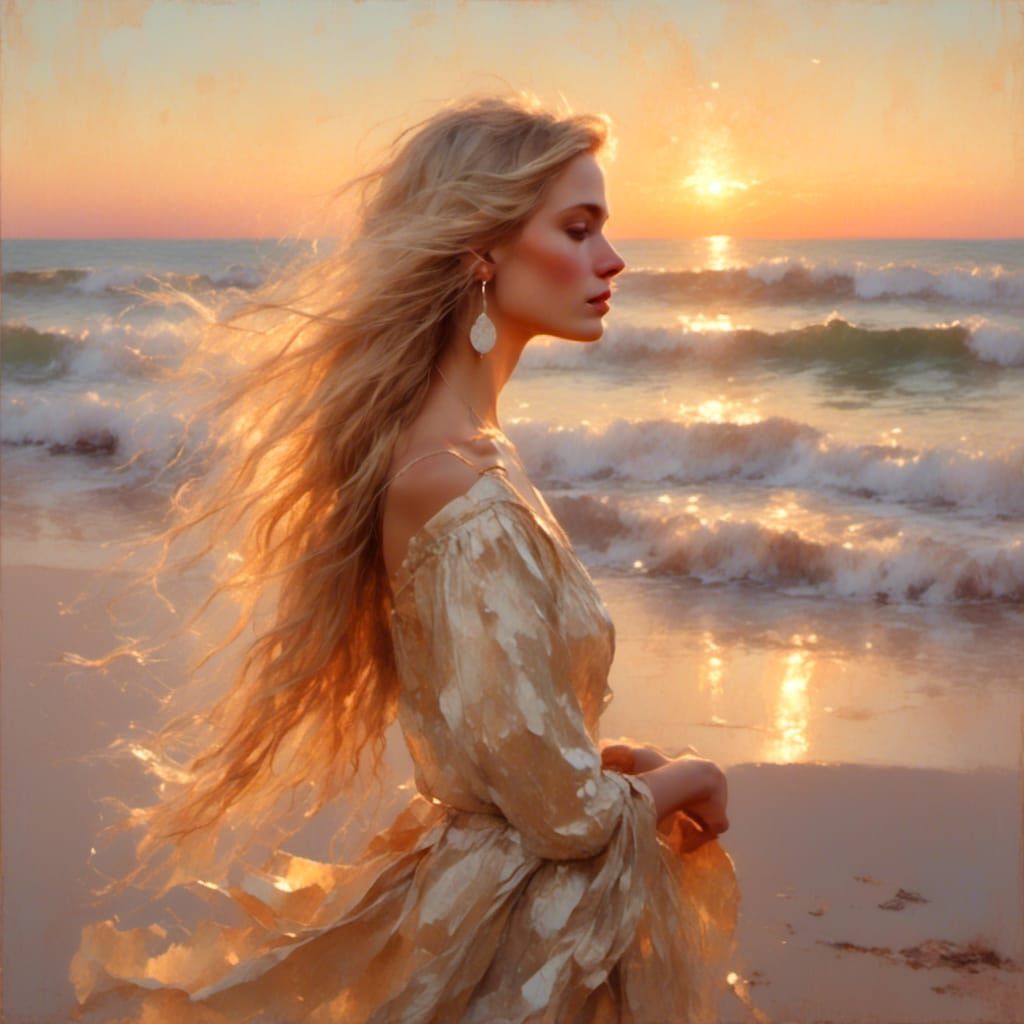 Blond Woman on Beach in Impressionism Style
