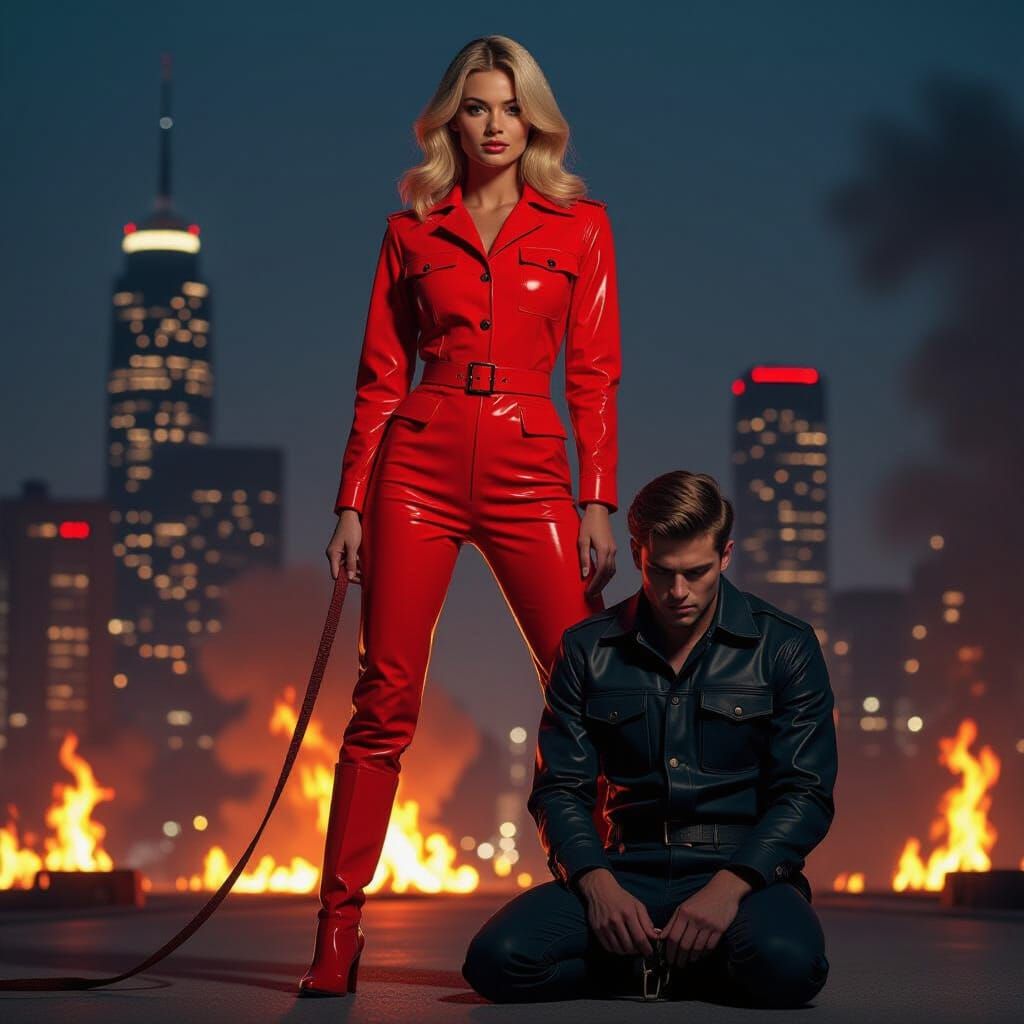 Blonde Woman Dominating Cityscape in Photorealistic Style