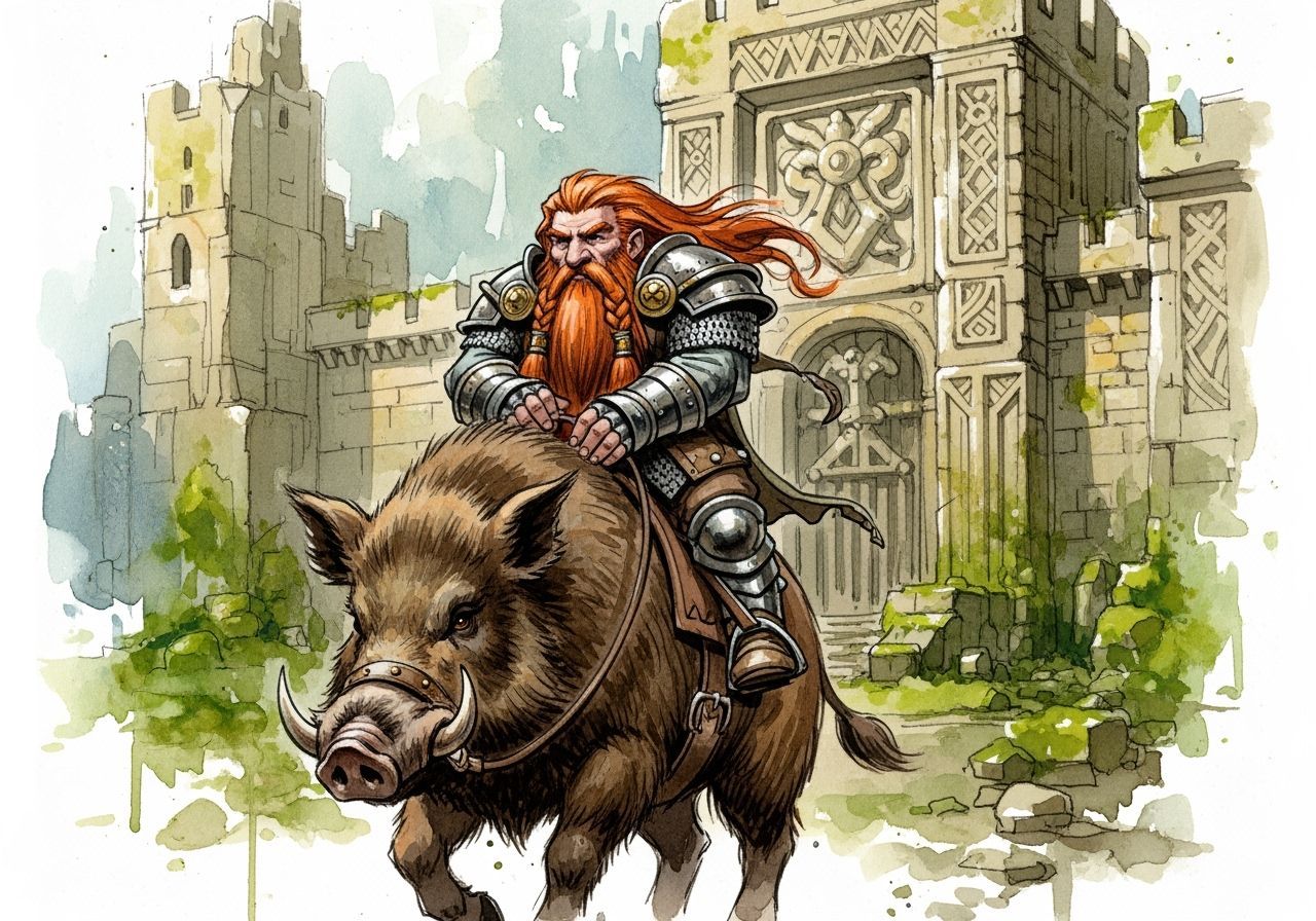 Dwarf on Boar: Impressionistic Watercolor Adventure