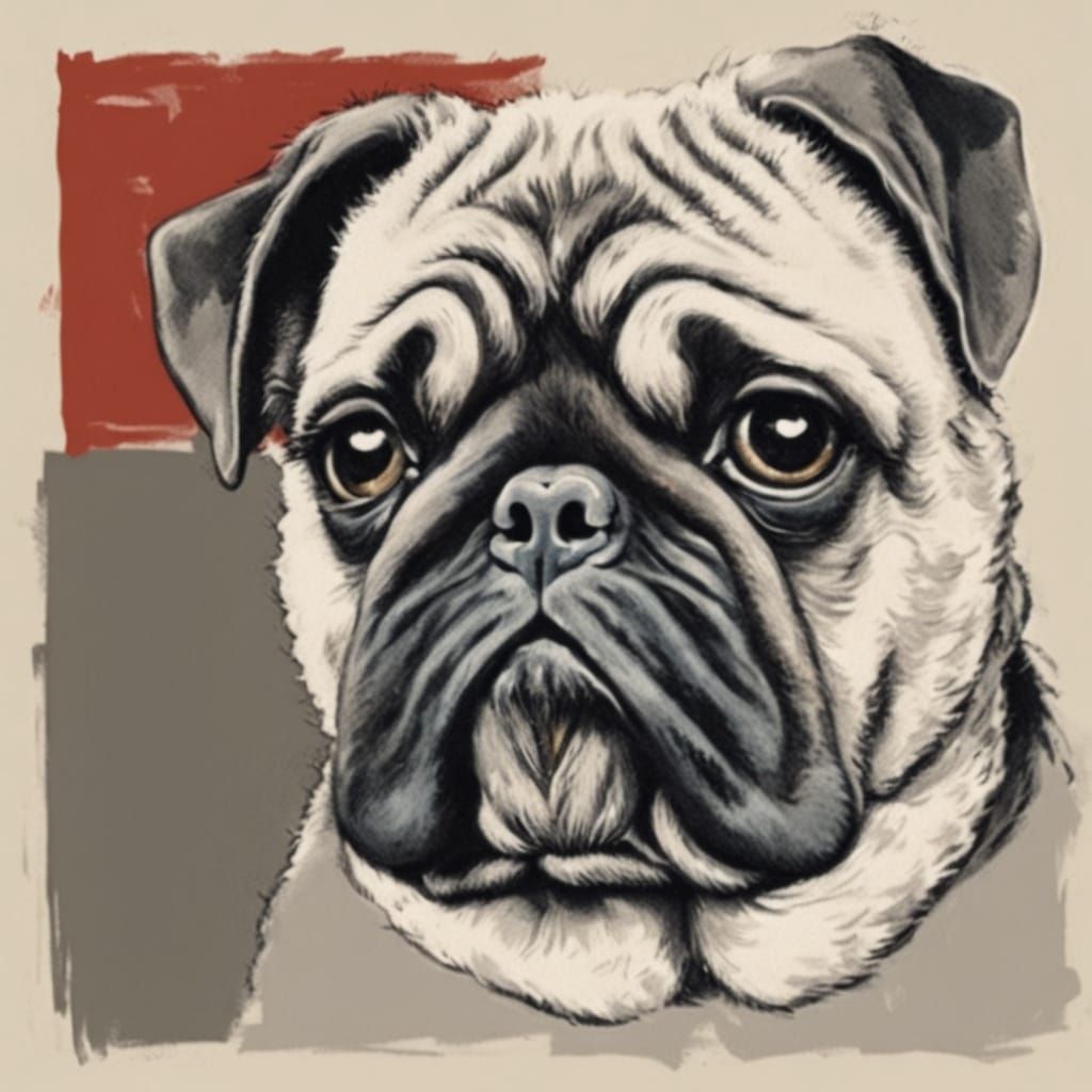 Tuschezeichnung: Schläfriger Mops im Stil von Beatrix Potter