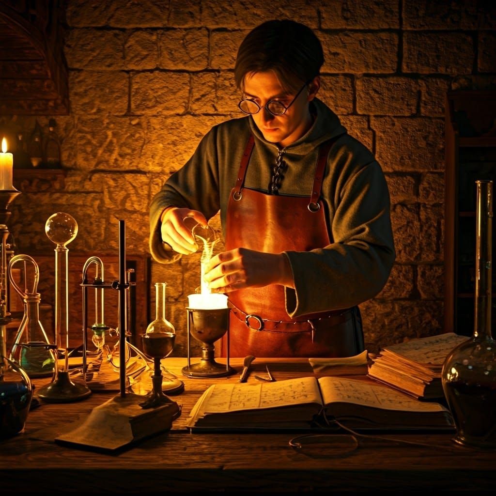 Medieval Alchemist's Laboratory in Warm Candlelight