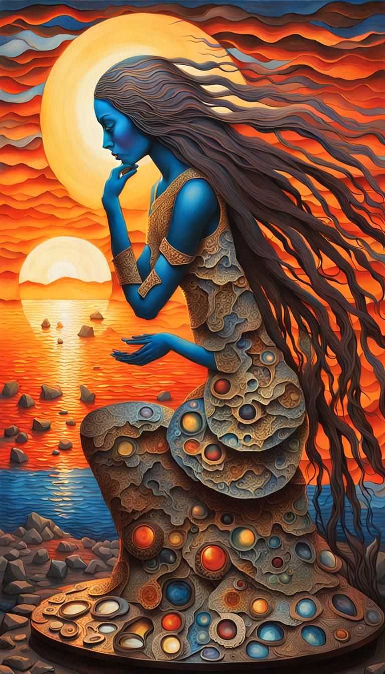 Surreal Bio Art: Woman, Sunset, and Cracked Mirrors