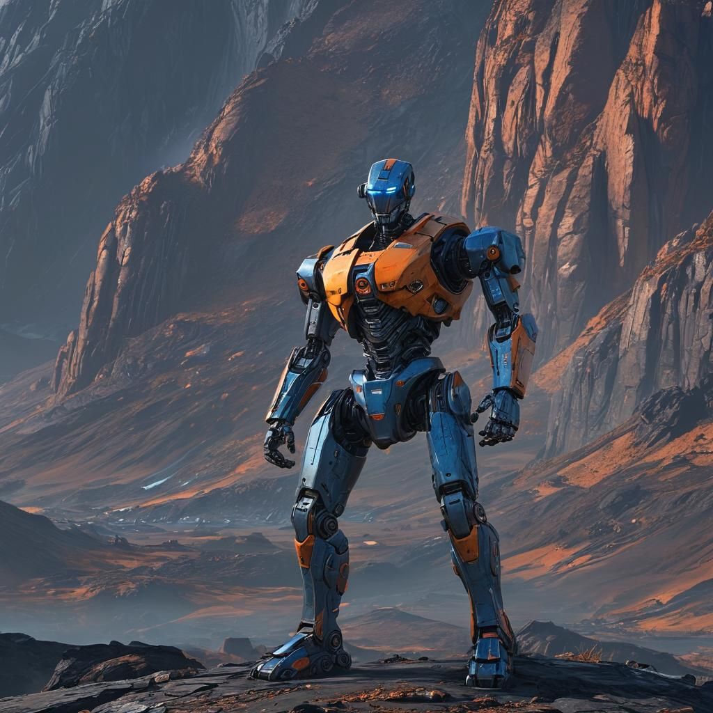 Cyberpunk Robot on Desolate Mountain in Digital Art