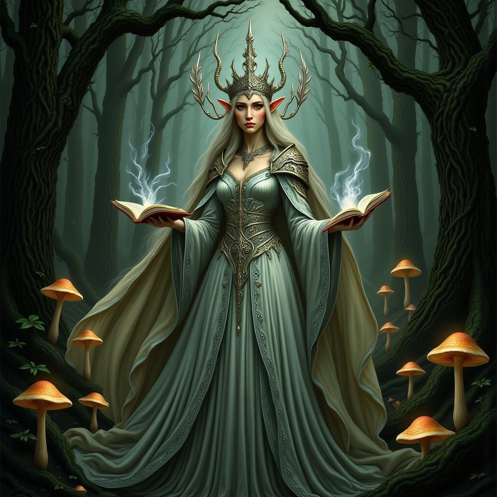 Ethereal Elven Mage in Mystical Forest Glade