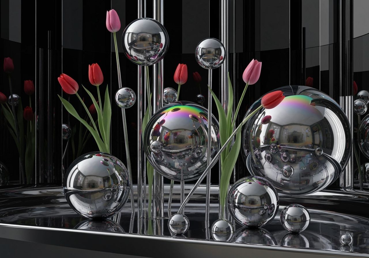 Futuristic Still Life with Metallic Spheres and Tulips