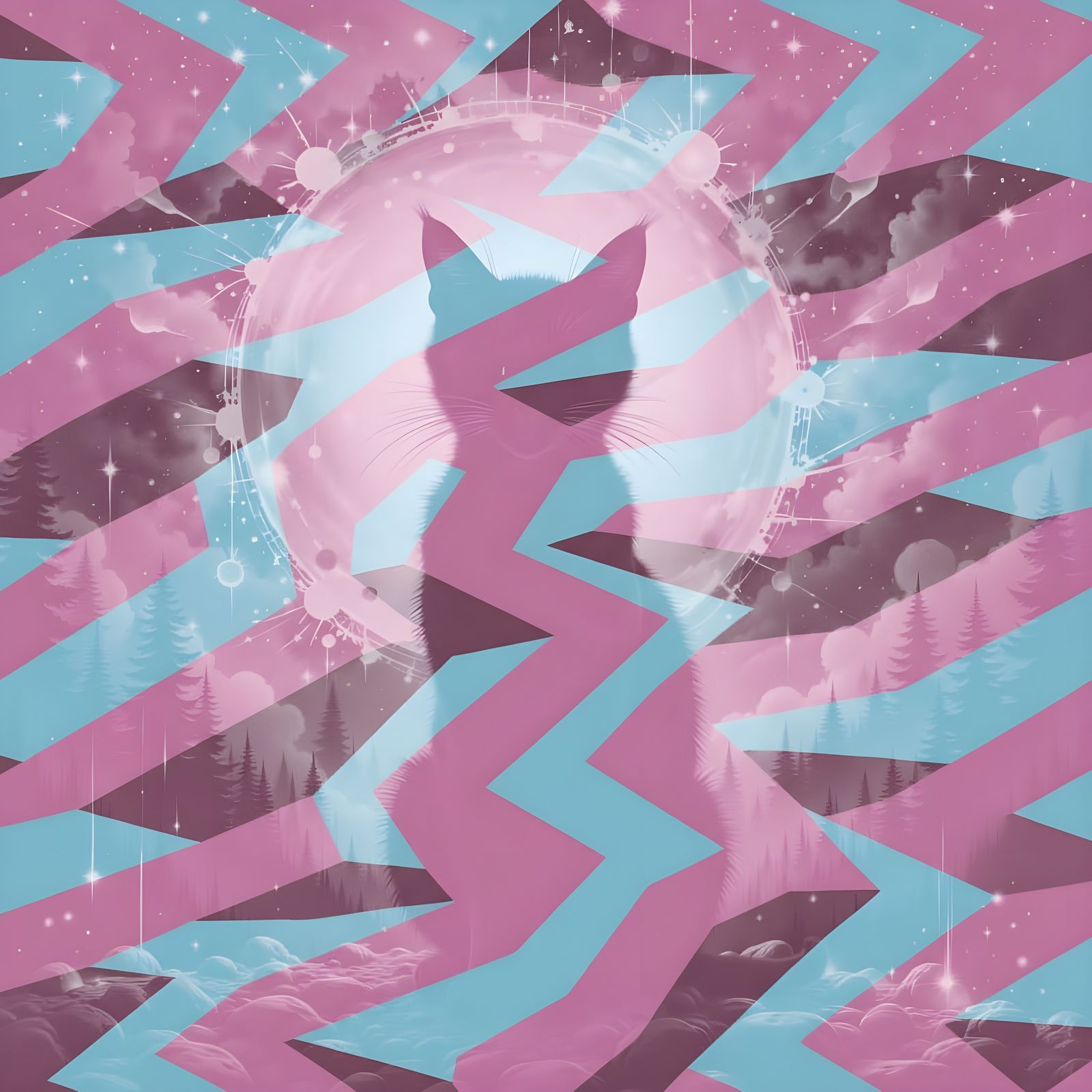 Cat Silhouette Against Abstract Starburst in Golden Twilight