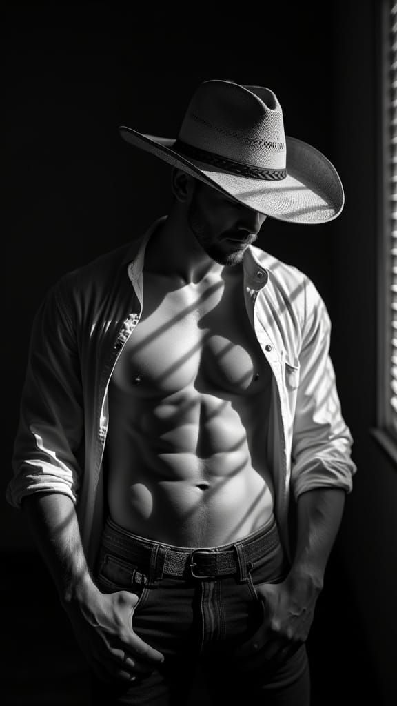 Cowboy in Shadow: Hyper-Realistic Black and White Portrait