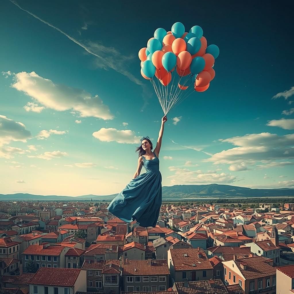 Woman in Blue Dress Flying Over Surreal Town