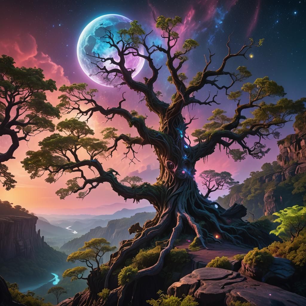 Gnarled Alien Tree Gazing at Sci-Fi Landscape