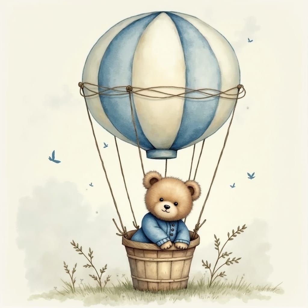 Elegant Vintage Hot Air Balloon Scene with Soft Teddy Bear