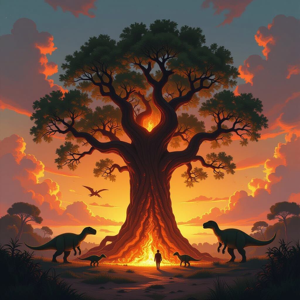 Amber Fossil: Dinosaurs in Prehistoric Tree, Digital Art