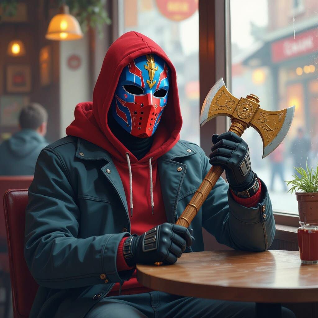 Masked Figure with Axe in Cafe, Mystical Realism Style
