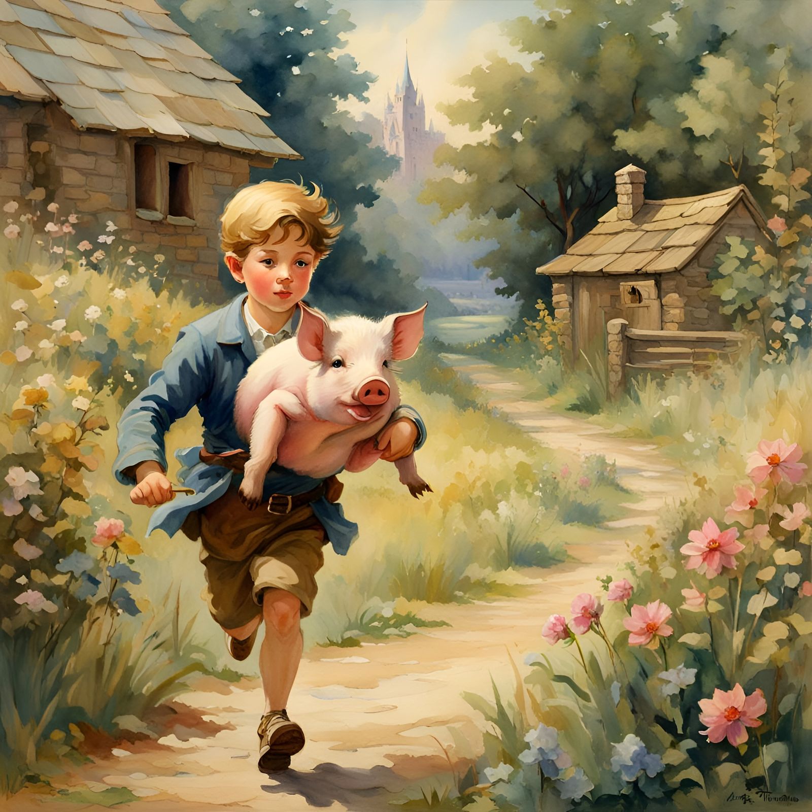 Boy Running with Piglet: Watercolor Fantasy