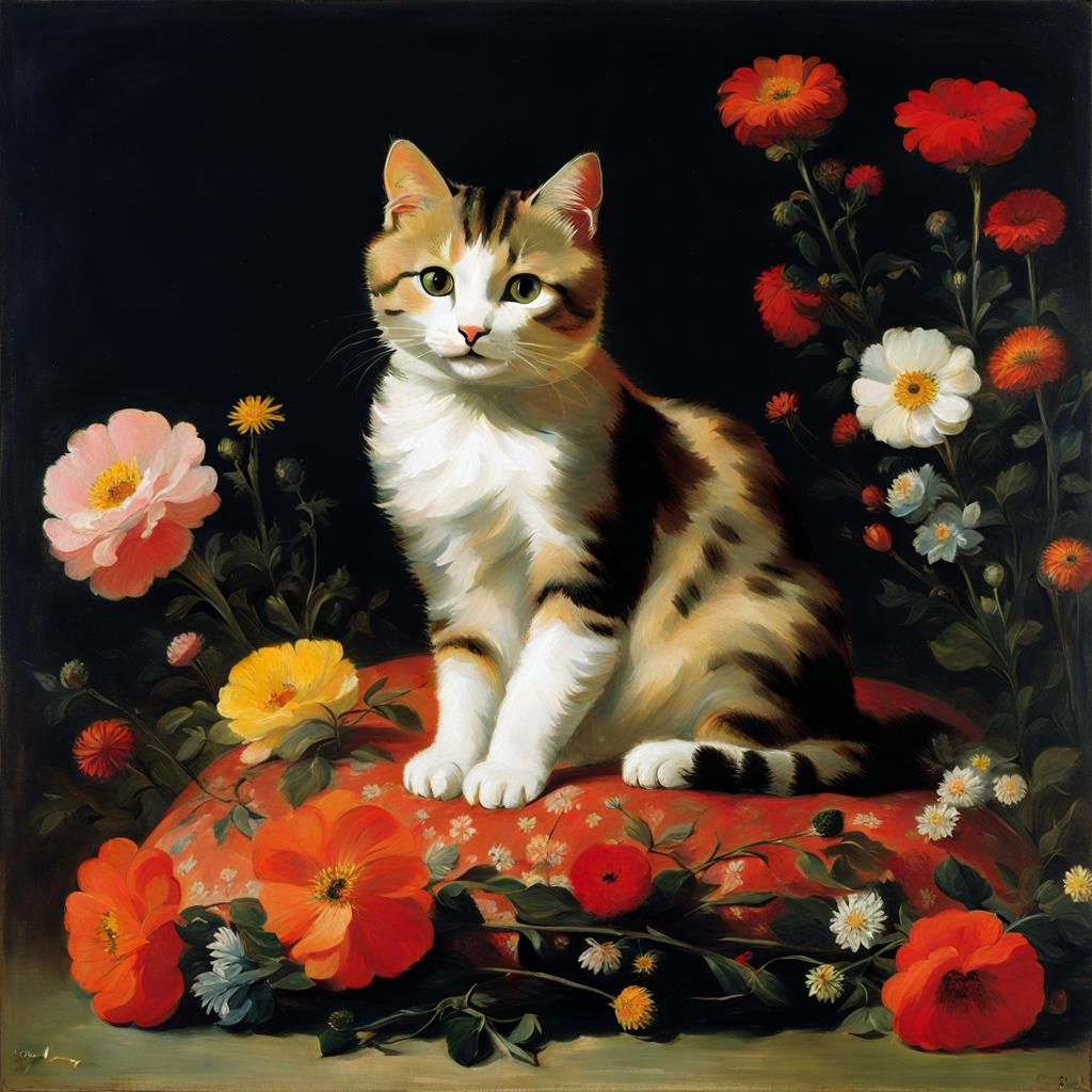 Cat with Flowers in Romantic Style