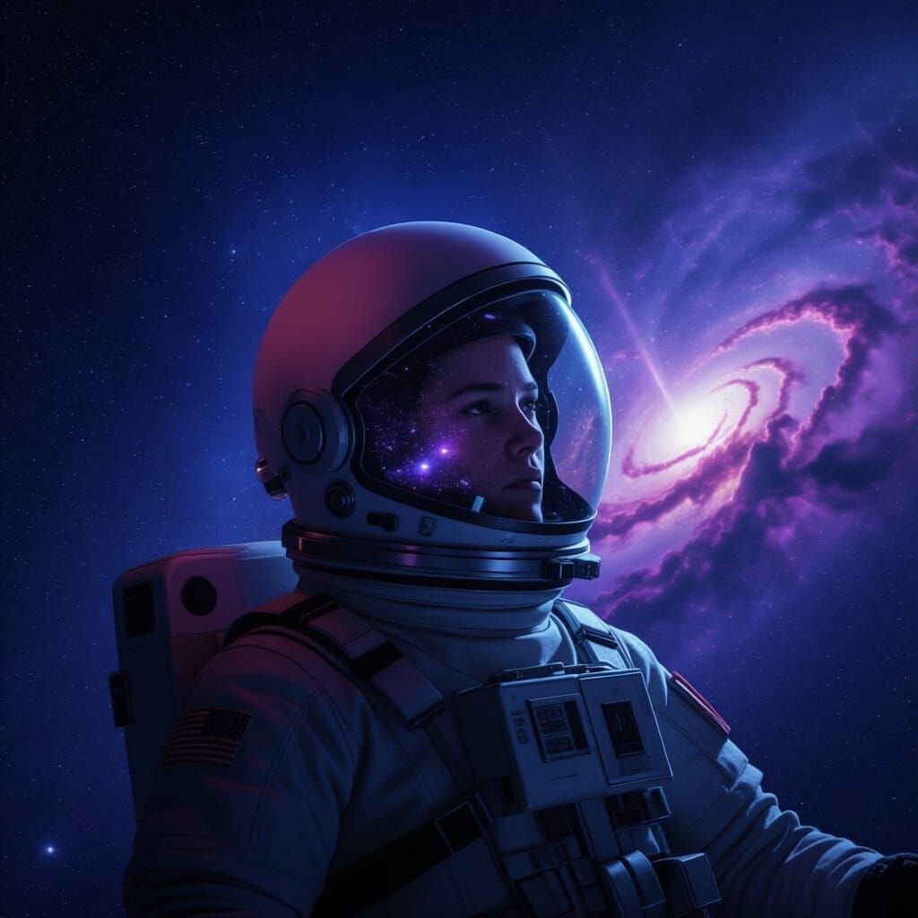 Astronaut Adrift in Space Reflecting Galaxy