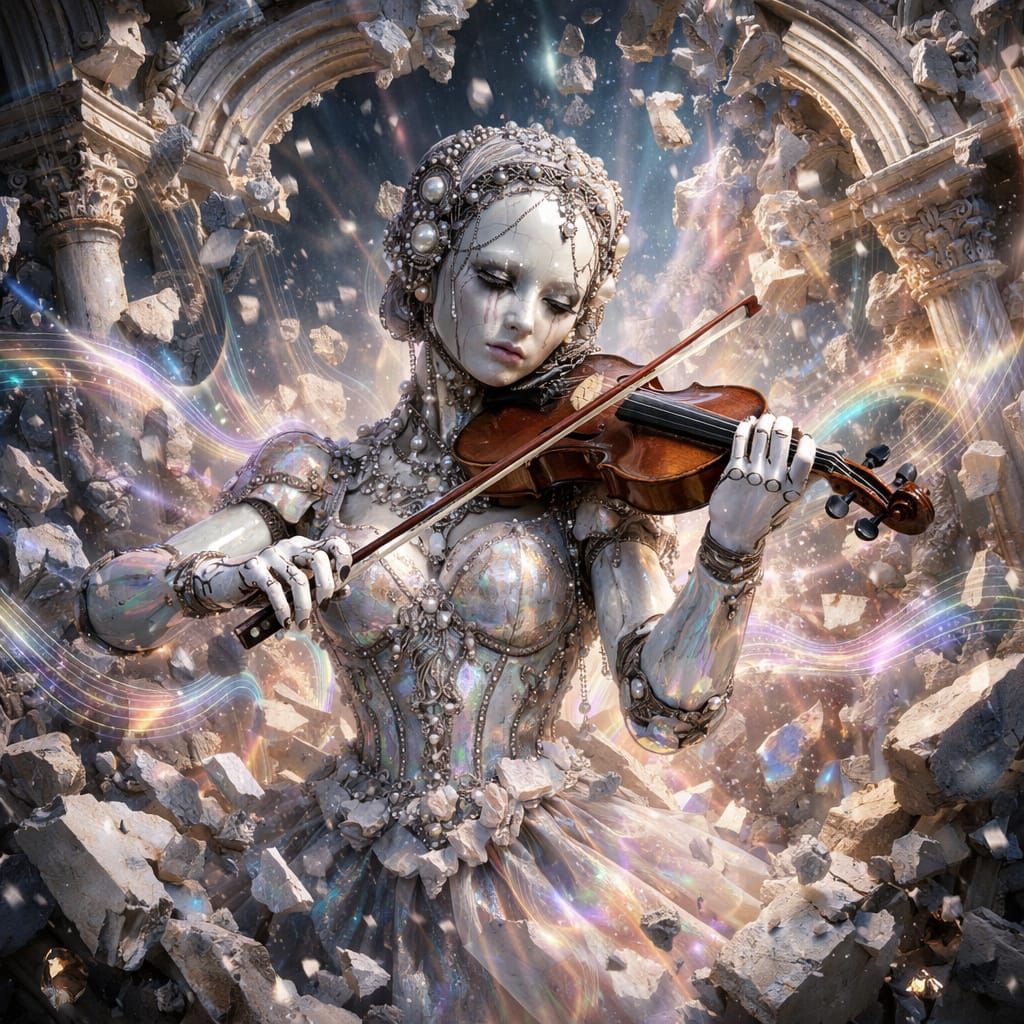 Surreal Violinist in Collapsing Baroque Architecture