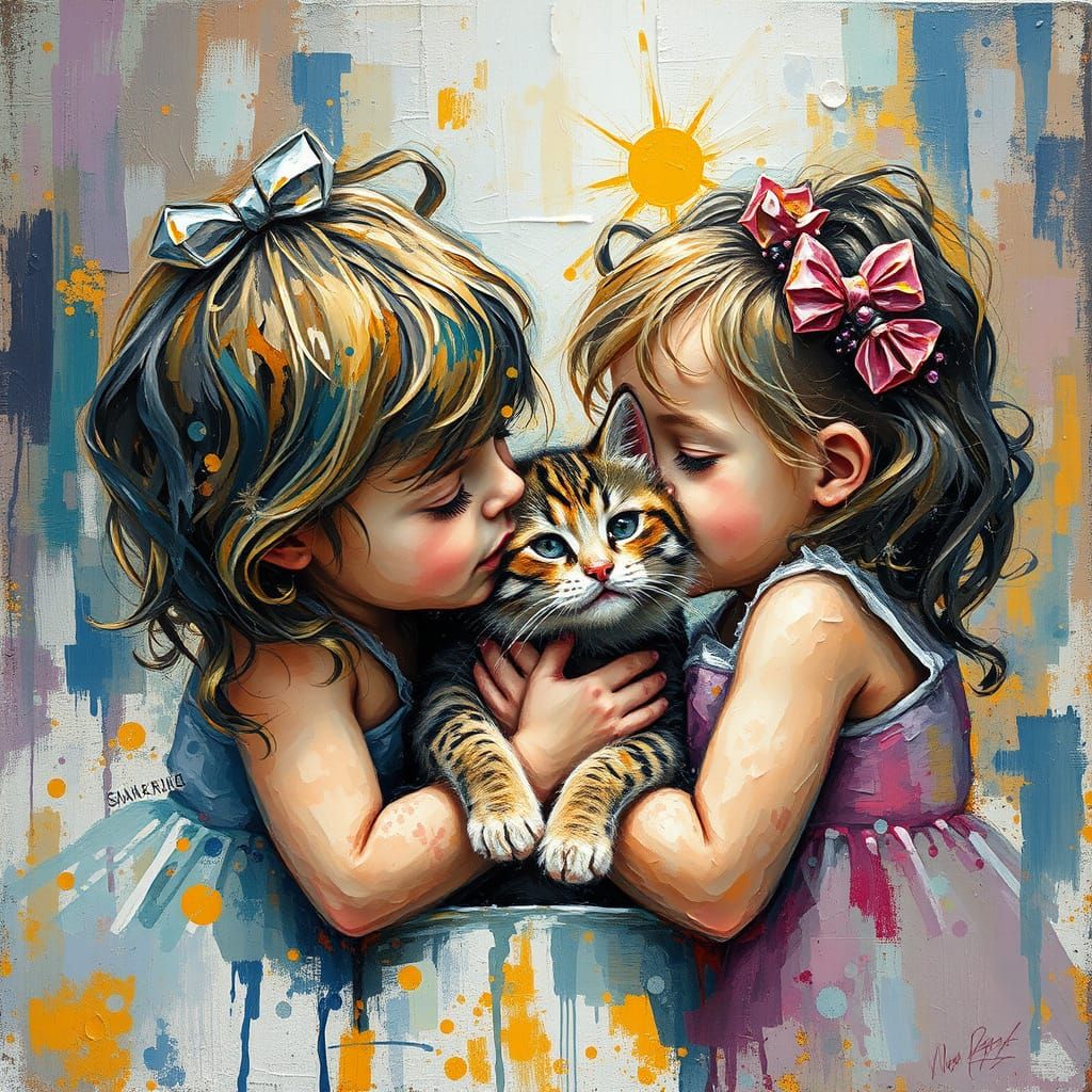 Impasto Oil Painting of Whimsical Love Between Children and ...