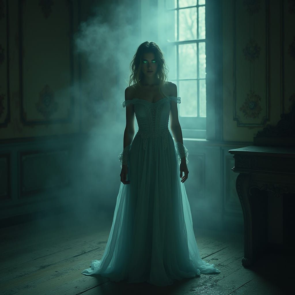 Ethereal Beauty in a Haunted Mansion at Dusk