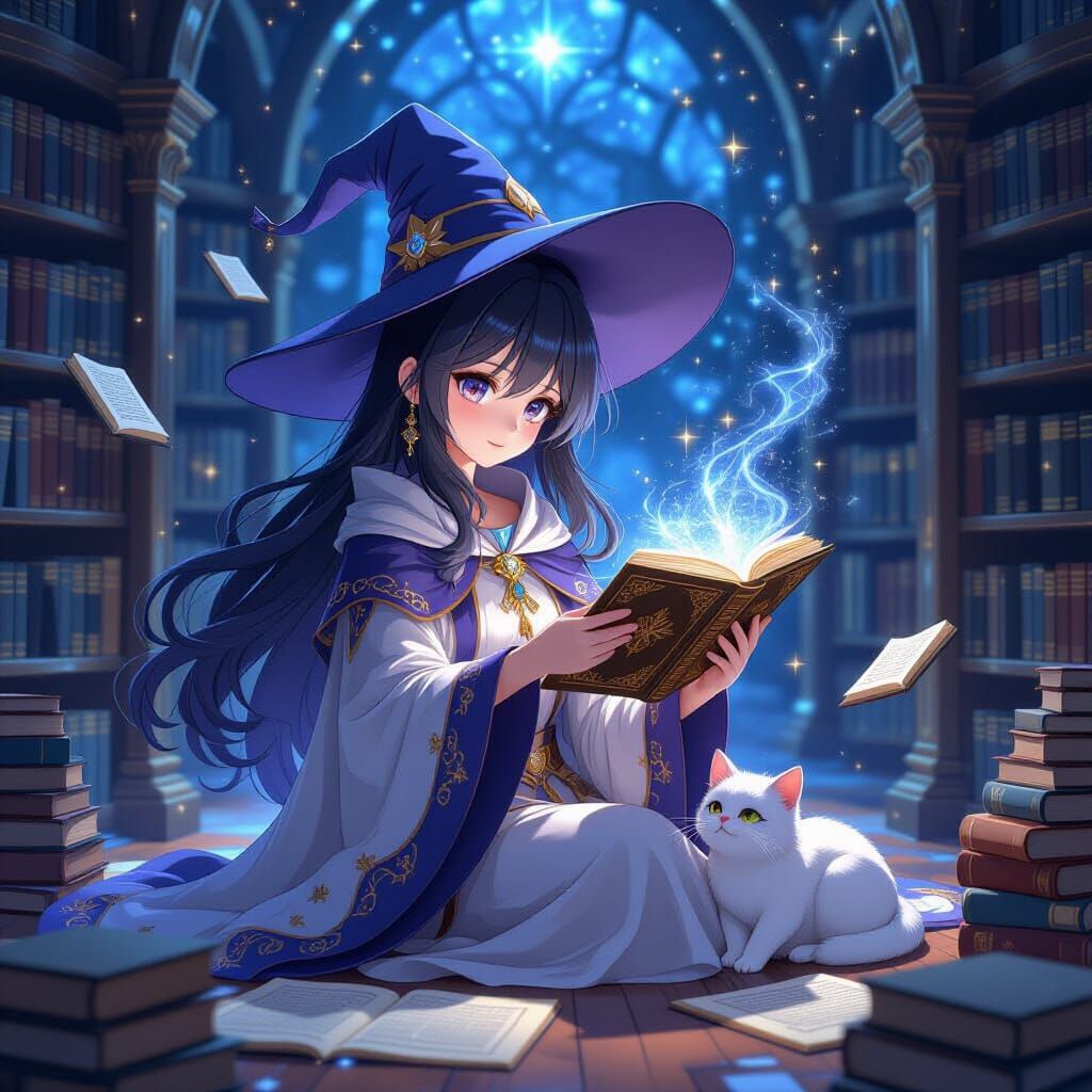 Celestial Witch Studies Constellations in Anime Style