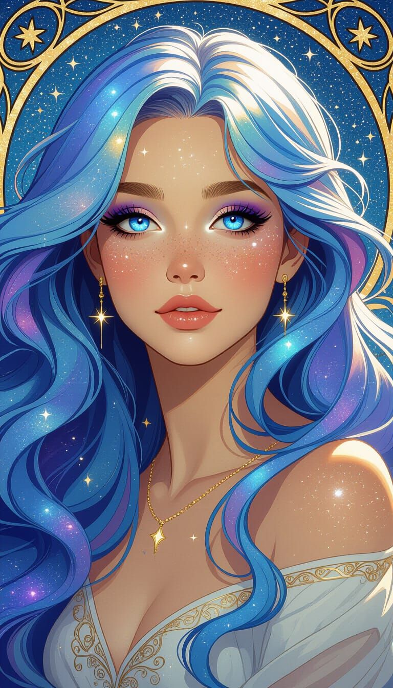 Ethereal Woman with Iridescent Hair, in Art Nouveau Style