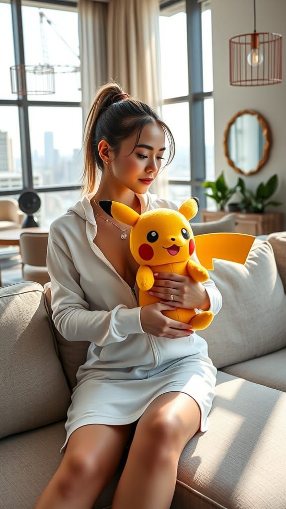 Upmarket Gaming Cosplayer with Pikachu Plush in Urban Oasis