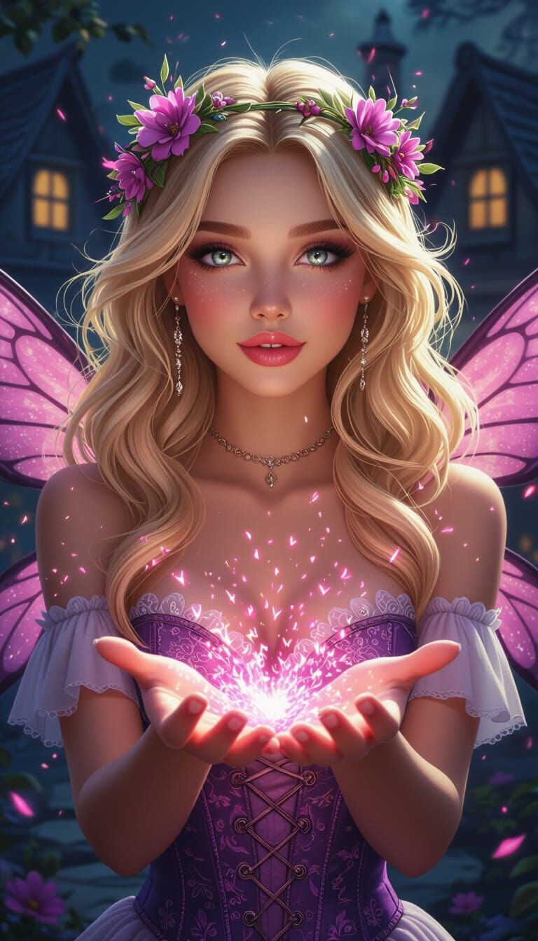 Blonde Fairy Casting Pink Sparks in Fantasy Realm
