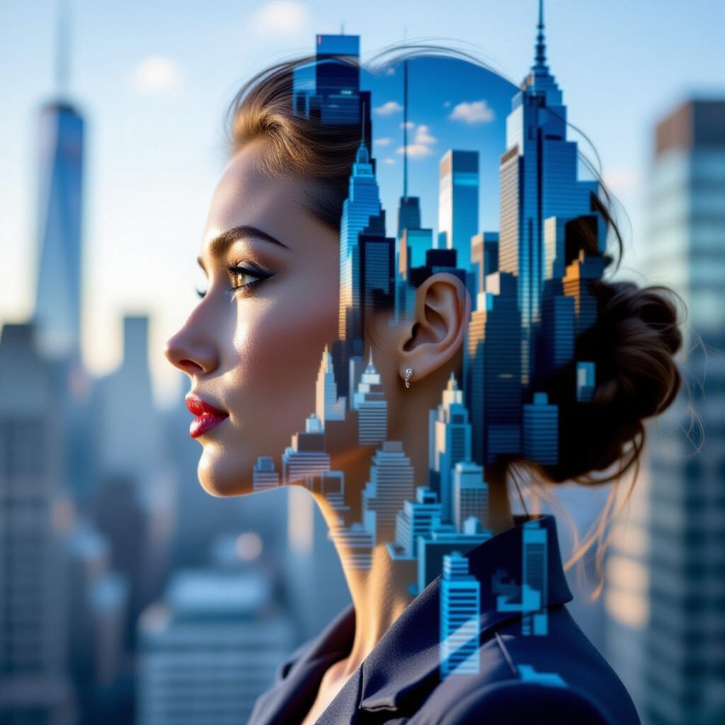 Urban Portrait: Woman's Profile Merged With Cityscape