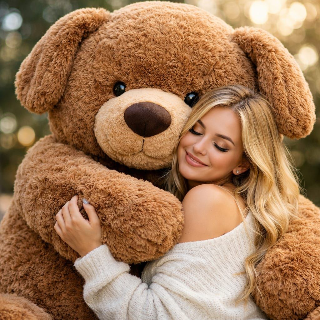 Girl Hugs Giant Teddy Bear in Professional Photo