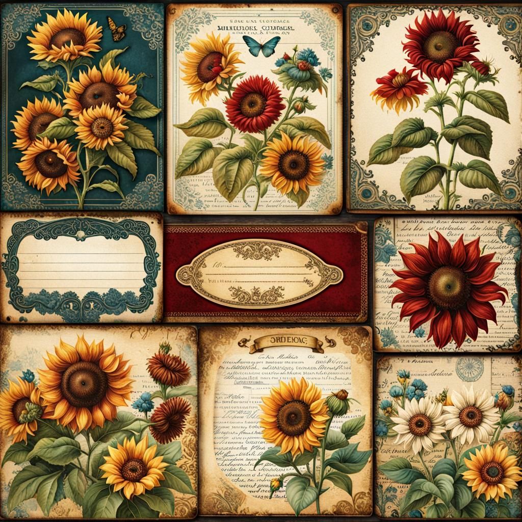 Vintage Ephemera Collection with Gothic Sunflower Design