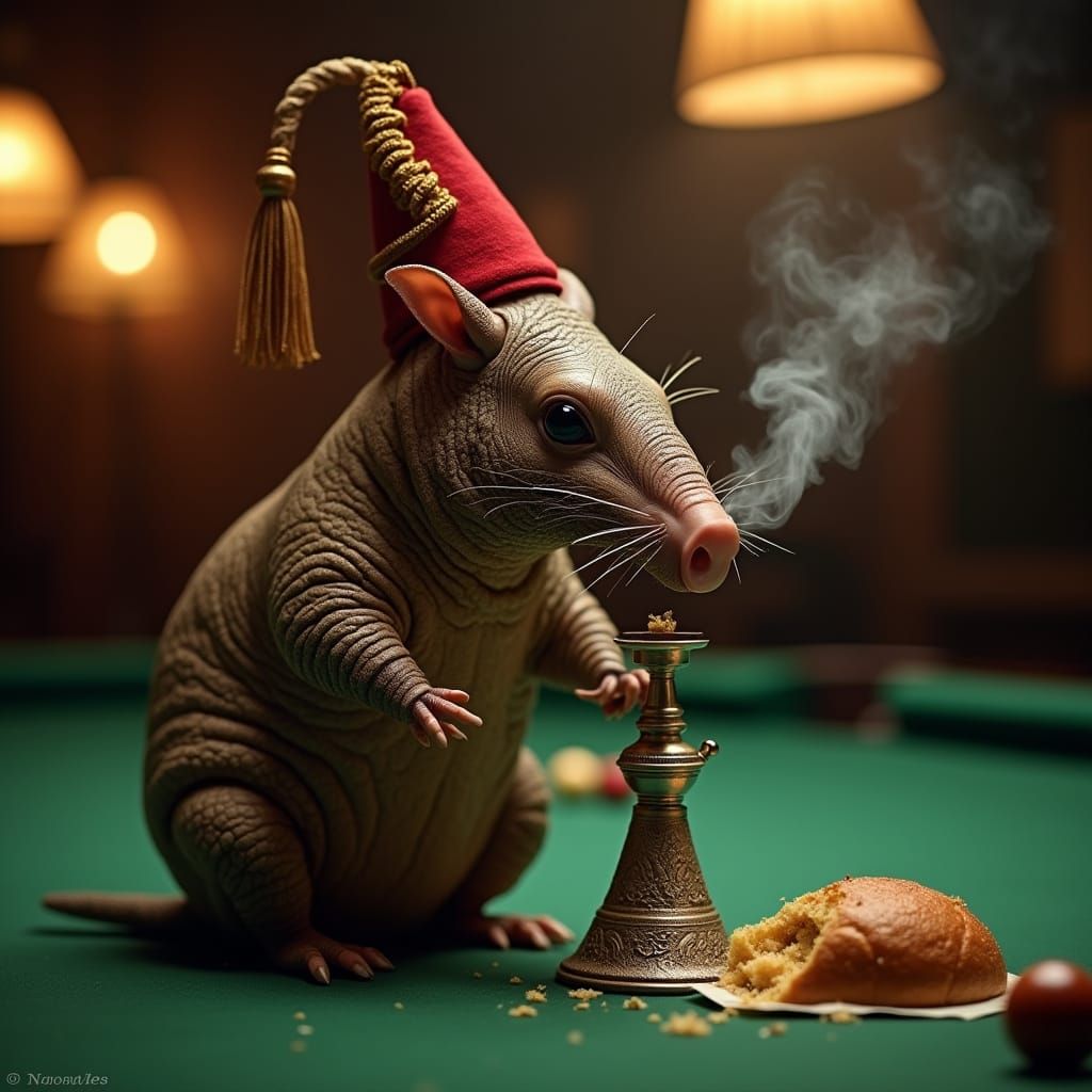 Surreal Armadillo in Jazz Club, Wearing Tiny Fez and Smoking...