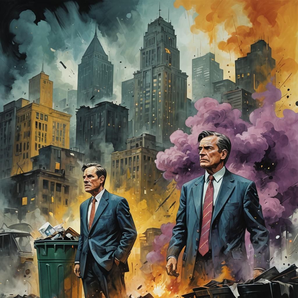 Expressionist Politician Amidst Polluted Cityscape