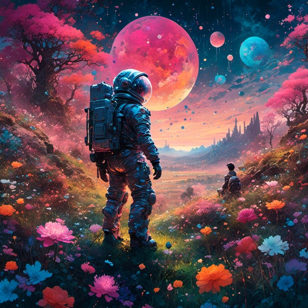 Astronaut in Flower Field at Sunset: Detailed Photography