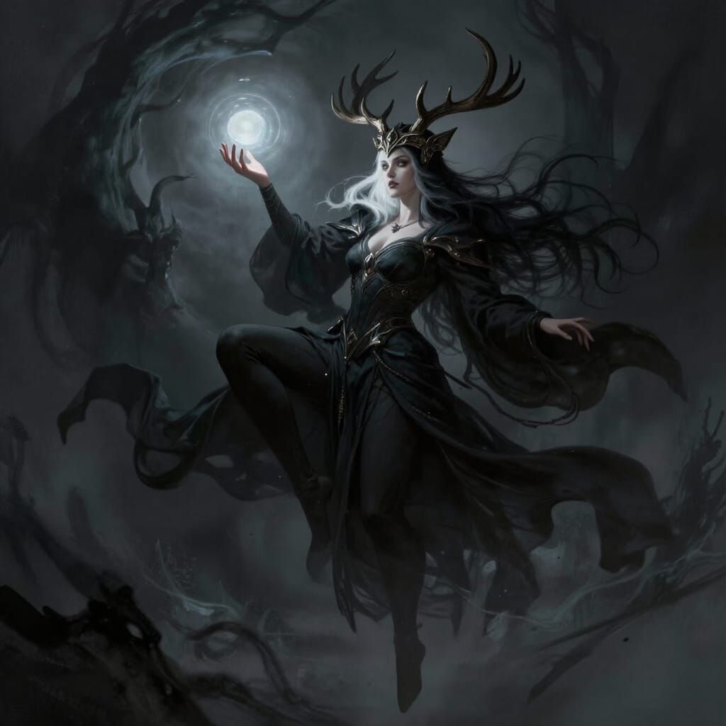 Hela, Norse Goddess of Death, in Dark Fantasy Style