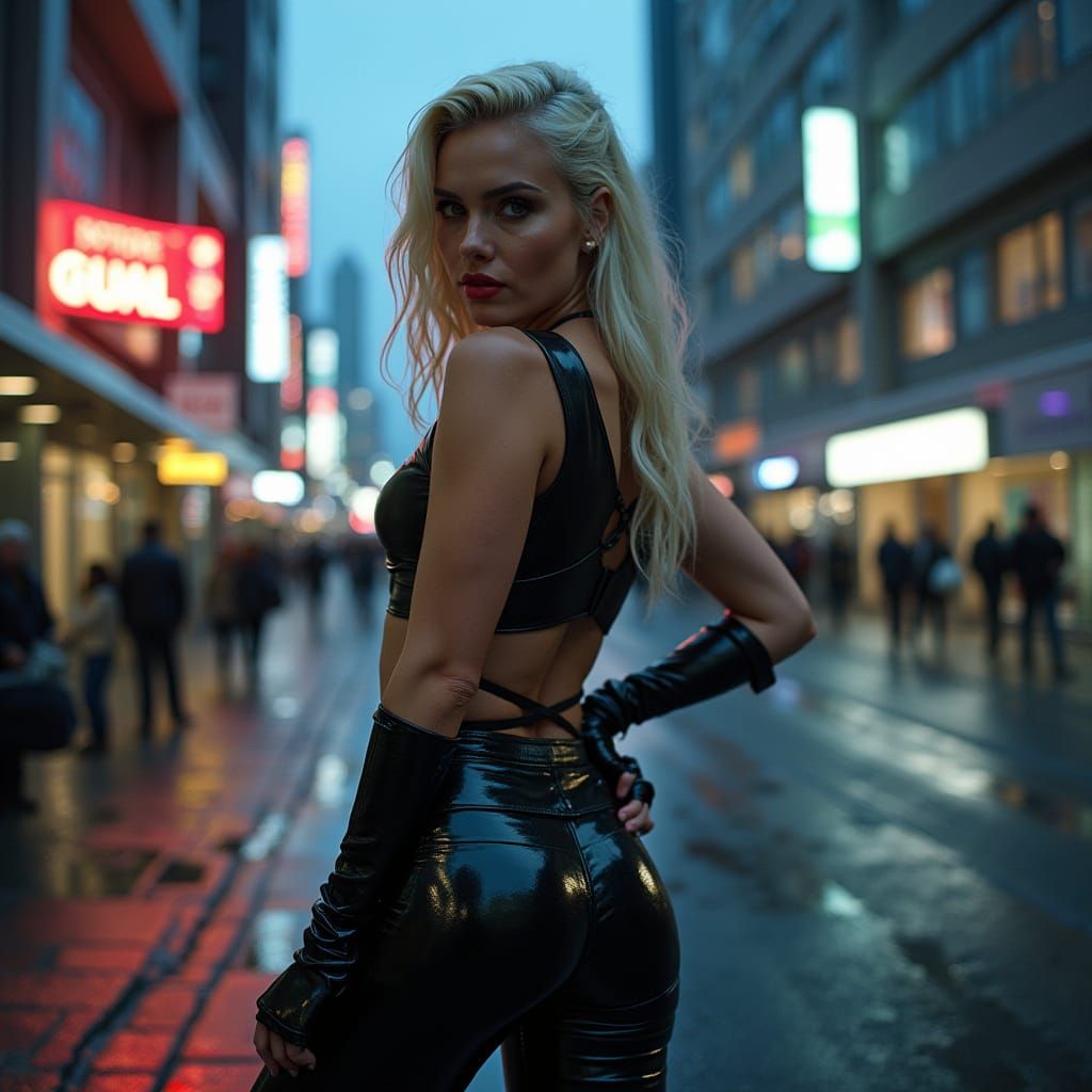 Margot Robbie in Futuristic Cityscape, Edgy Fashion